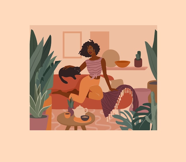 ソファの上の猫と一緒に休んでかわいいアフリカの女の子 観葉植物と家の内部で若い女性による日常生活と日常生活のシーン 漫画イラスト プレミアムベクター