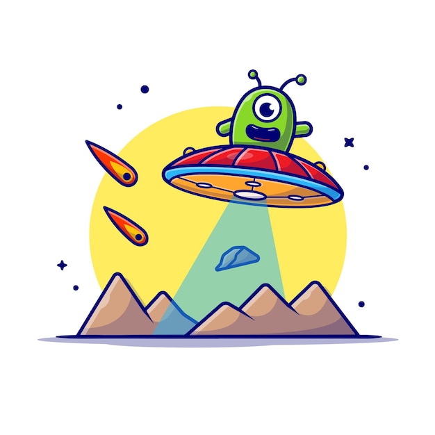 Ufoと隕石宇宙漫画アイコンイラストで惑星を飛んでいるかわいいエイリアン プレミアムベクター