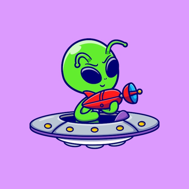 Premium Vector | Cute alien holding gun on ufo spaceship illustration