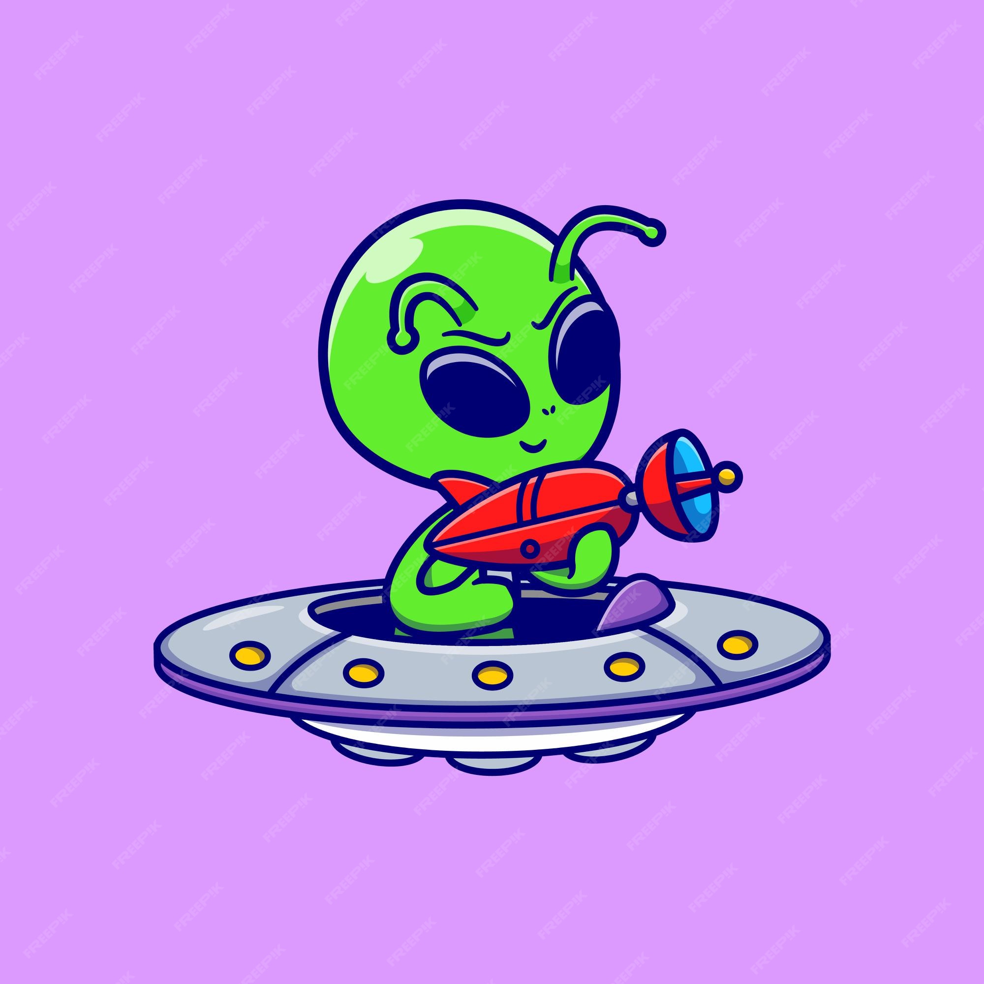 Premium Vector | Cute alien holding gun on ufo spaceship illustration