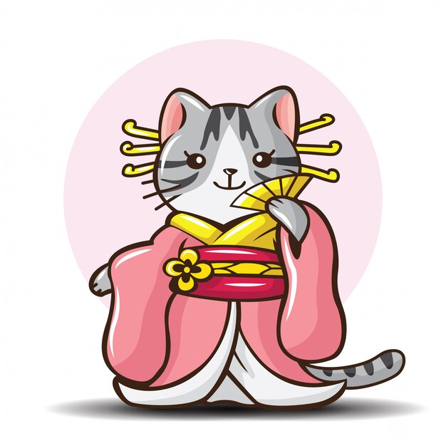 Download Cute american shorthair cat on kimono costume cartoon . | Premium Vector