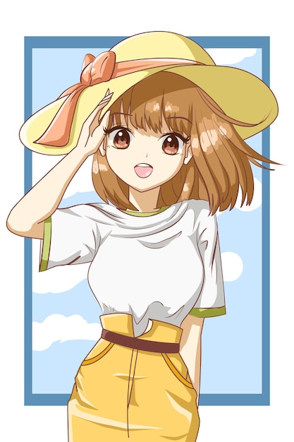 夏のキャラクター漫画イラストで黄色い帽子とキュートで美しい女の子の茶色の髪 プレミアムベクター