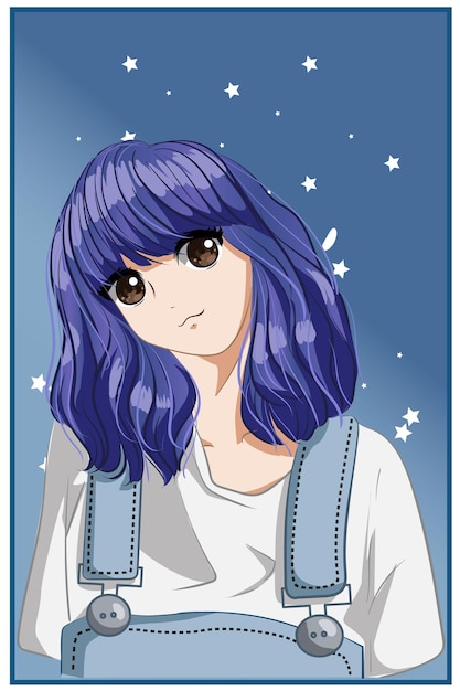 キュートで美しい女の子の短い紫の髪の漫画イラスト プレミアムベクター