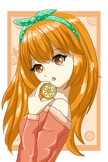 夏のデザインのキャラクターの漫画イラストでオレンジ色のキュートで美しい女の子 プレミアムベクター