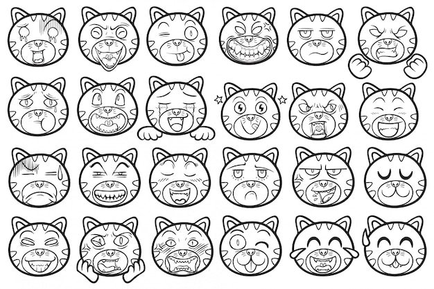 キュートで面白いペット動物猫絵文字概要イラストセット プレミアムベクター