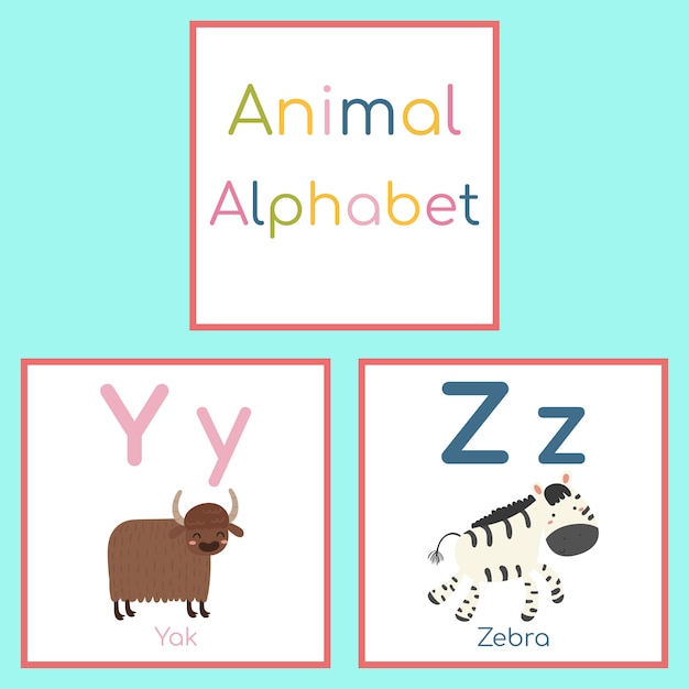 かわいい動物アルファベット Y Z文字 ヤク ゼブラ プレミアムベクター