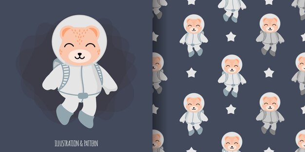 イラスト漫画ベビーシャワーカードとかわいい動物クマ宇宙飛行士シームレスパターン プレミアムベクター