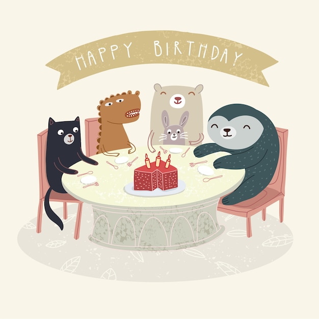 Premium Vector | Cute animal celebrate happy birthday illustration