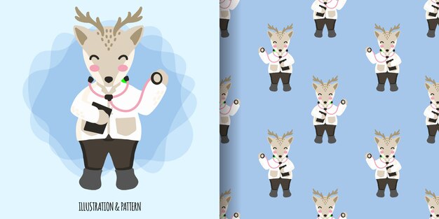 プレミアムベクター イラスト漫画ベビーシャワーカードとかわいい動物鹿医師シームレスパターン