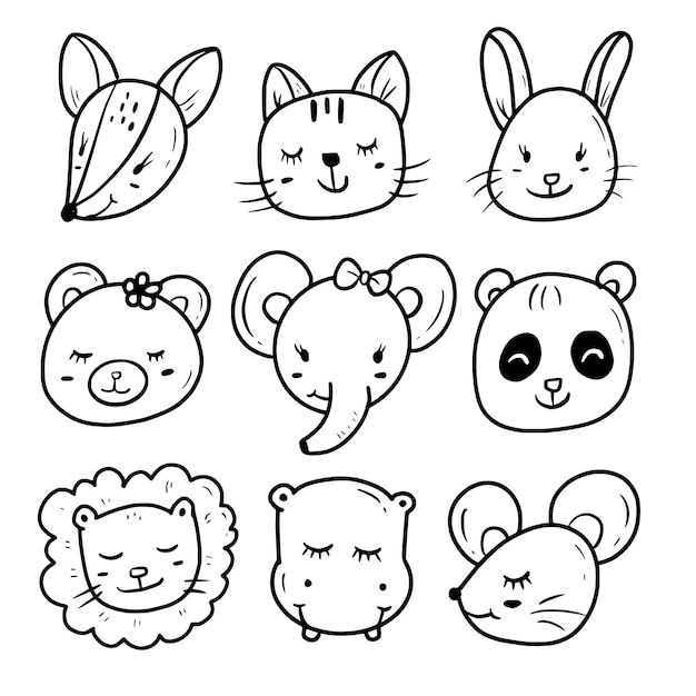 Premium Vector | Cute animal face doodle drawing collection set