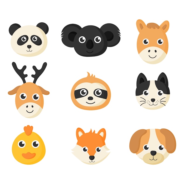 Download Cute animal faces icon set isolated on white background ...