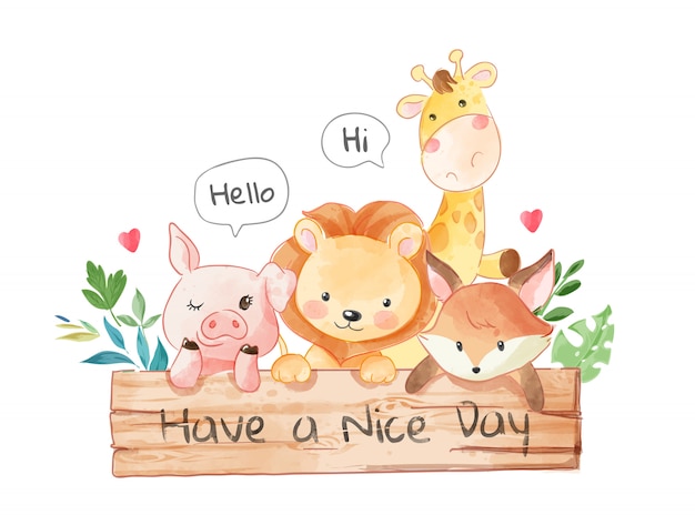 Premium Vector Cute Animal Friends With Wood Sign Board Illustration