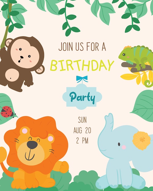 Download Cute animal theme birthday party invitation card vector. Vector | Premium Download