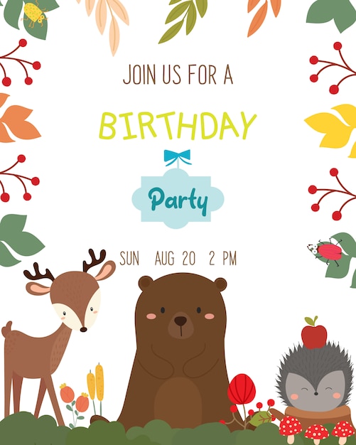 Download Cute animal theme birthday party invitation card vector ...
