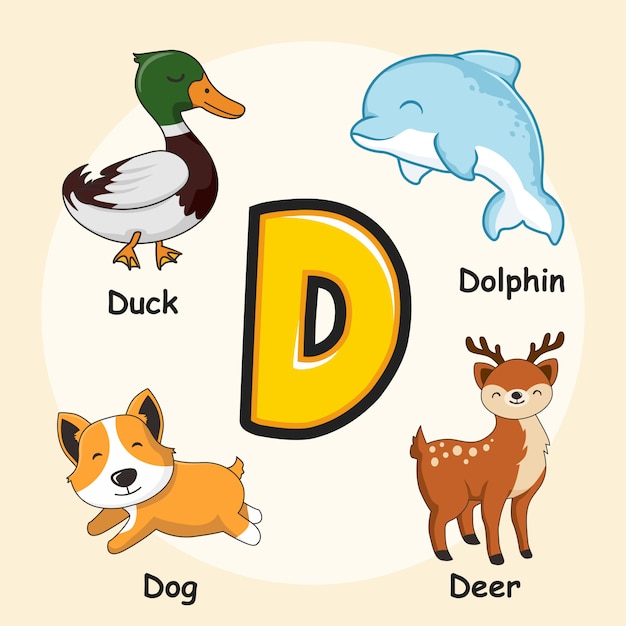 Premium Vector | Cute animals alphabet letter d