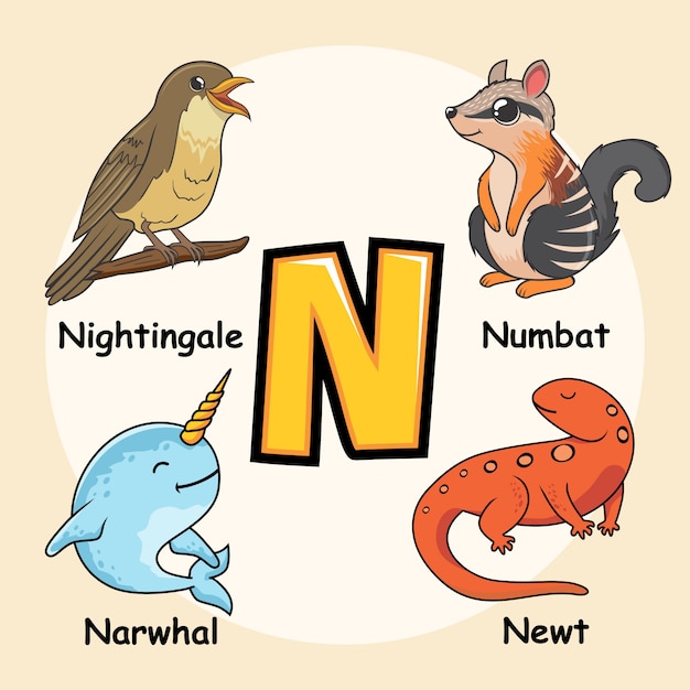 かわいい動物のアルファベット文字n プレミアムベクター