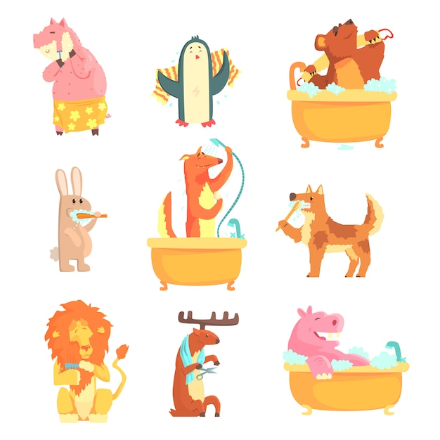 プレミアムベクター 入浴や水洗いができるかわいい動物たちのセットです 衛生とケア 漫画の詳細なイラスト