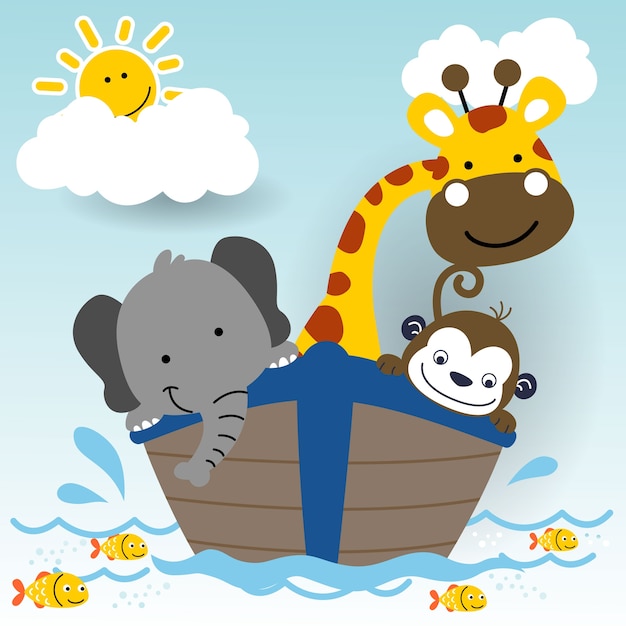 Cute animals on boat, cartoon Vector | Premium Download
