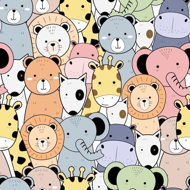 Cute Animals Cartoon Doodle Seamless Pattern Vector Premium Download