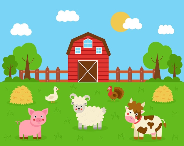 Premium Vector | Cute animals in the farm background. farmhouse and ...