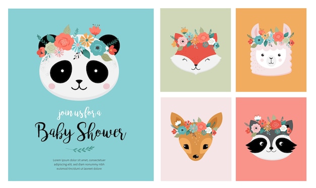 花の冠 保育園のデザインのグリーティングカードのベクトルイラストとかわいい動物の頭 パンダ ラマ キツネ コアラ 猫 犬 タヌキ ウサギ プレミアムベクター