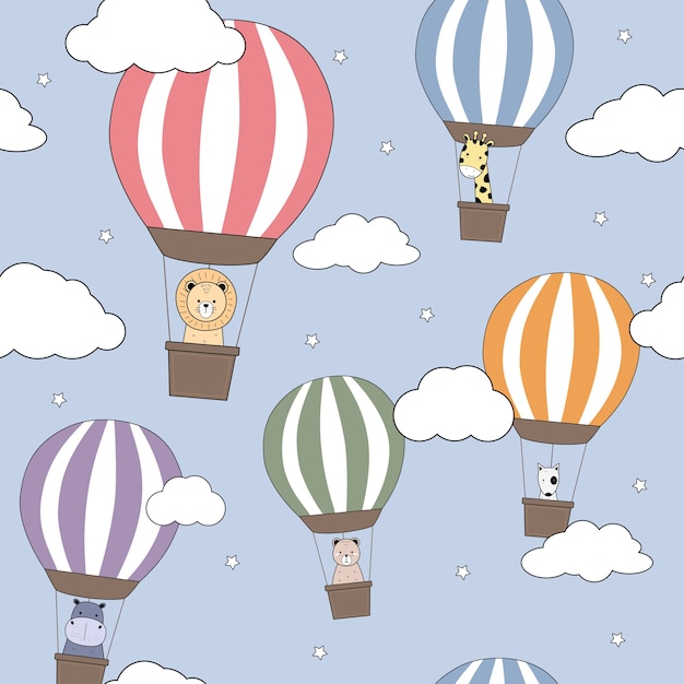 Premium Vector | Cute animals hot air balloon cartoon doodle seamless