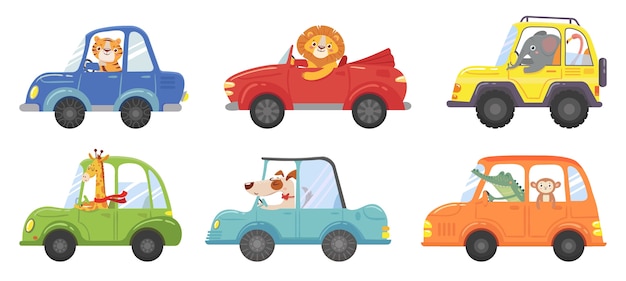 面白い車のかわいい 動物 動物の運転手 ペットの乗り物 車の子供の幸せなライオン 輸送動物またはライオンと犬のキャラクターが車で移動します 分離ベクトル漫画イラストアイコンセット プレミアムベクター