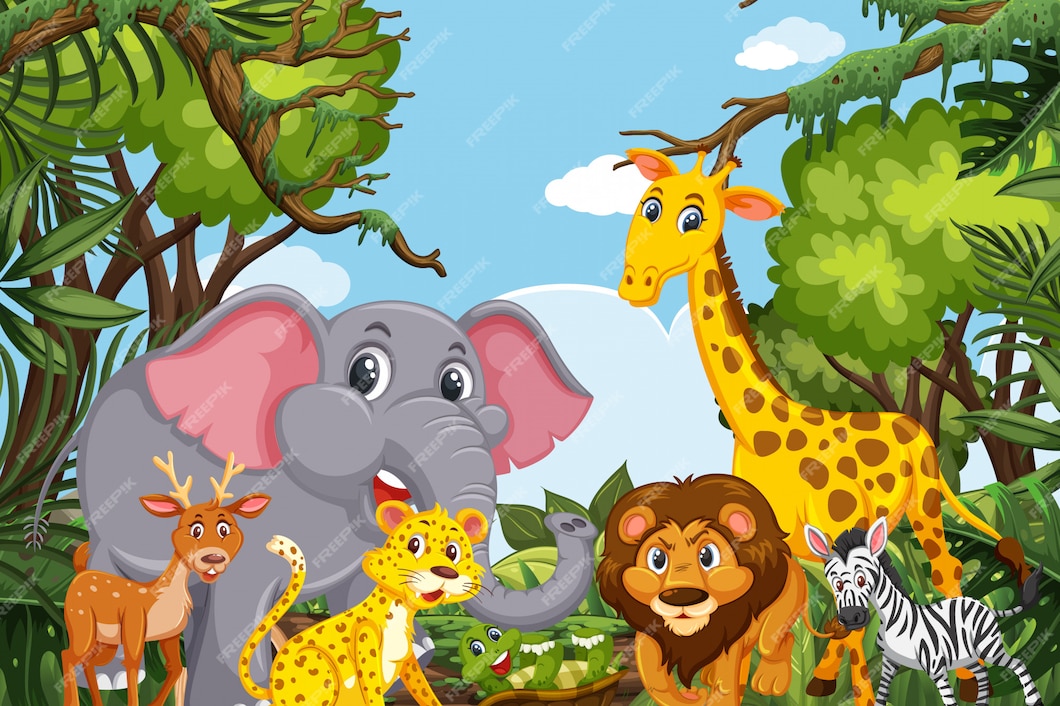 Premium Vector | Cute animals in jungle scene