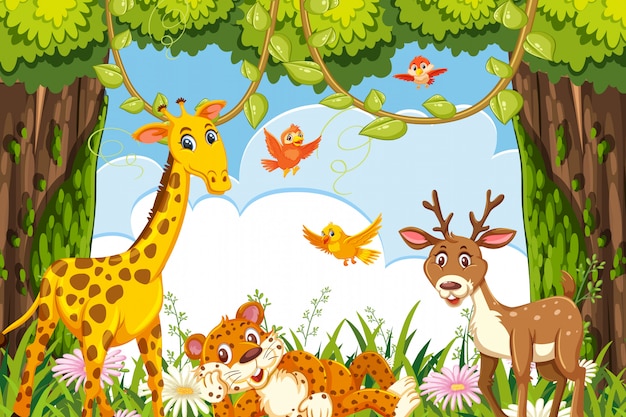 Premium Vector Cute Animals In Jungle Scene