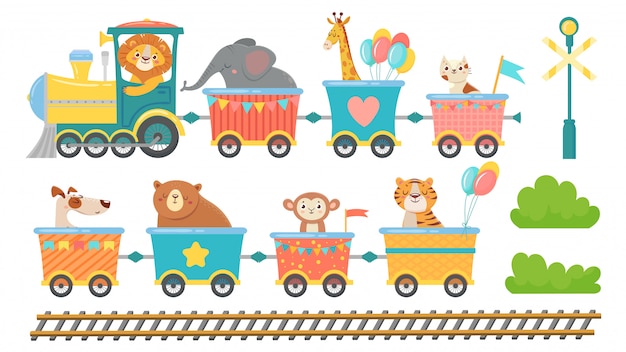 電車の中でかわいい動物 鉄道車で幸せな動物 小さなペットがおもちゃの機関車漫画のベクトルイラストセットに乗る プレミアムベクター