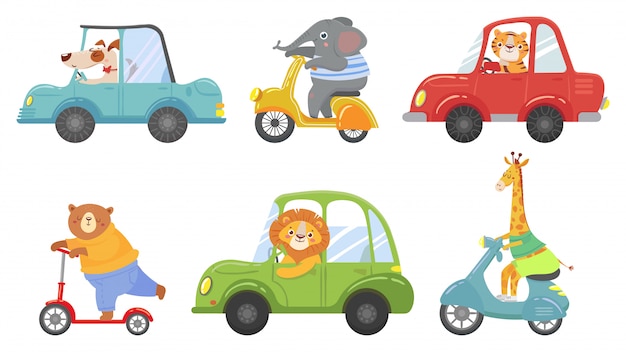 輸送中のかわいい動物 スクーターの動物 車や動物園の運転漫画ベクトルイラストセット プレミアムベクター