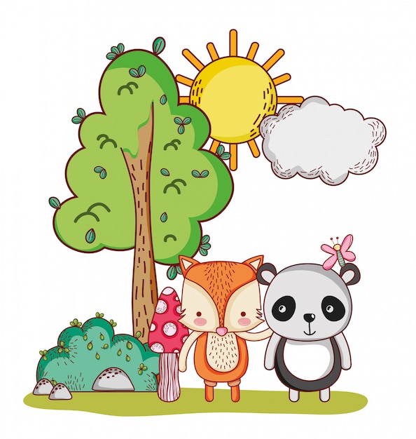 かわいい動物 パンダとキツネの蝶の木ブッシュ太陽漫画 プレミアムベクター