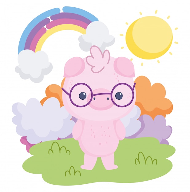 Download Cute animals pig with glasses rainbow clouds sun cartoon ...