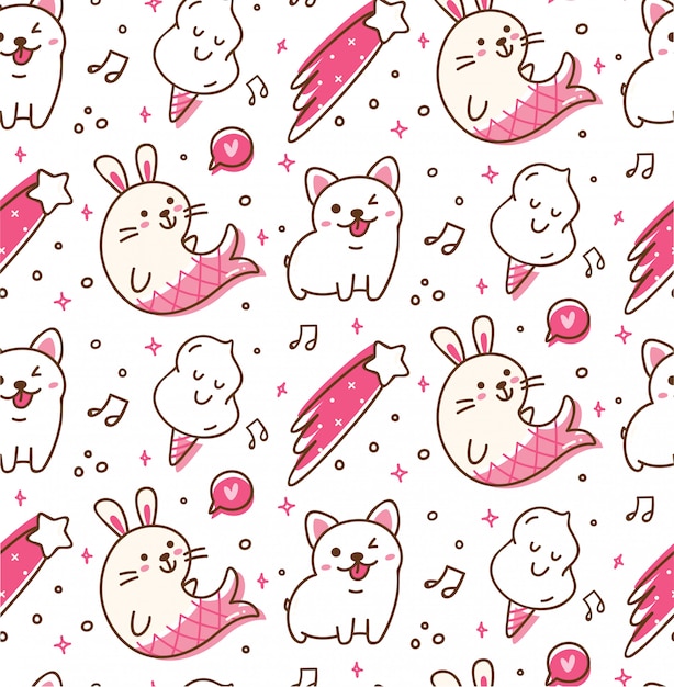 Premium Vector | Cute animals seamless pattern in kawaii doodle style