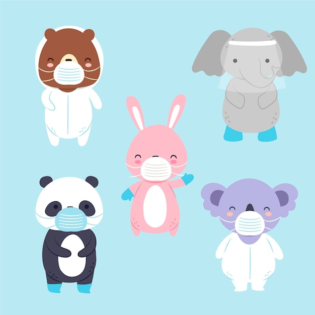 フェイスマスクをしたかわいい動物たち 無料のベクター