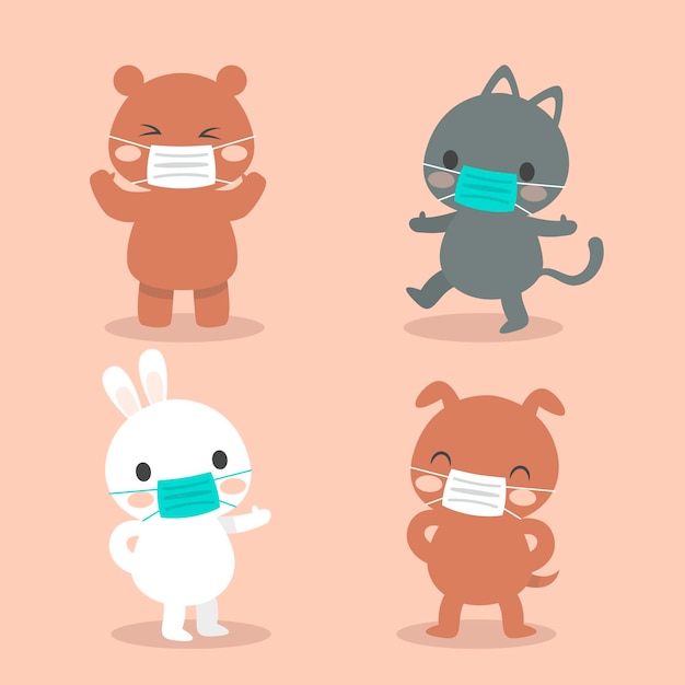 Free Vector | Cute animals wearing face masks