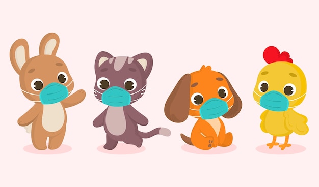 Cute animals wearing face masks | Free Vector