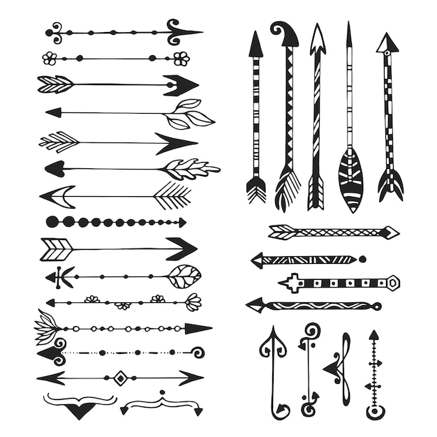 プレミアムベクター かわいい矢印 手描きのおしゃれなセット 種族 民族 ヒップスター 矢 スケッチ デザイン スケッチ