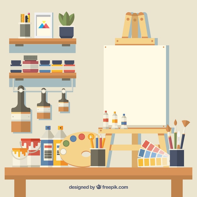 Download Cute art studio with many elements Vector | Free Download