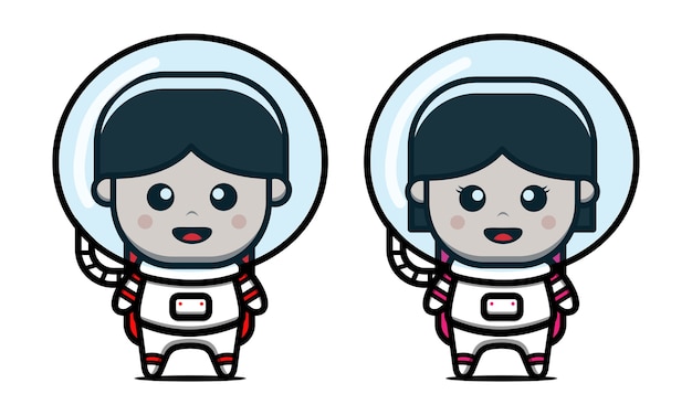 かわいい宇宙飛行士の男の子と女の子の漫画アイコンイラスト プレミアムベクター