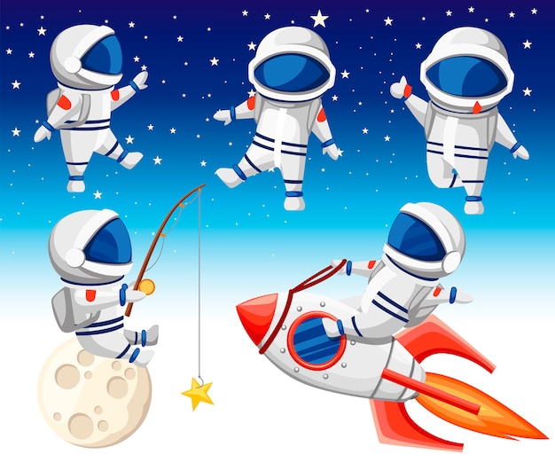 かわいい宇宙飛行士のコレクション 宇宙飛行士はロケットに座り 宇宙飛行士は月に座り 釣りをし 踊る3人の宇宙飛行士がいます スタイル 上空の背景の イラスト プレミアムベクター
