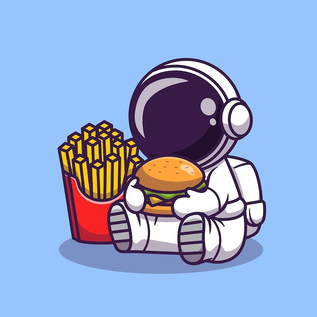 かわいい宇宙飛行士はフライドポテトの漫画イラストでハンバーガーを食べます 科学食品アイコンの概念 フラット漫画スタイル プレミアムベクター