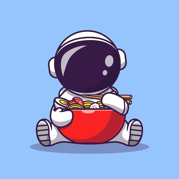 プレミアムベクター かわいい宇宙飛行士はラーメン漫画ベクトルアイコンイラストを食べる 科学食品アイコン