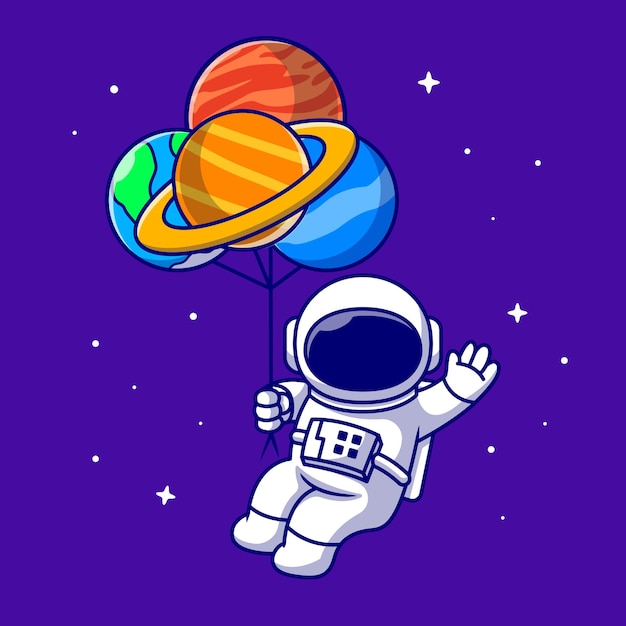 宇宙漫画アイコンイラストで惑星風船と浮かぶかわいい宇宙飛行士 分離された技術科学アイコン フラット漫画スタイル 無料のベクター
