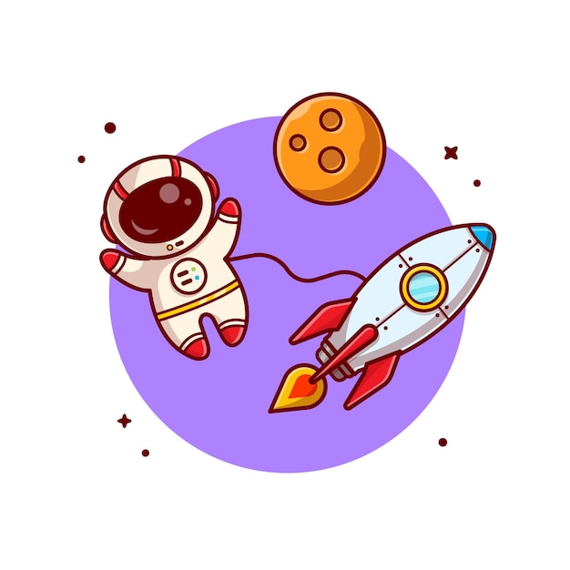 Cute astronaut floating with rocket on space cartoon icon illustration. Free Vector