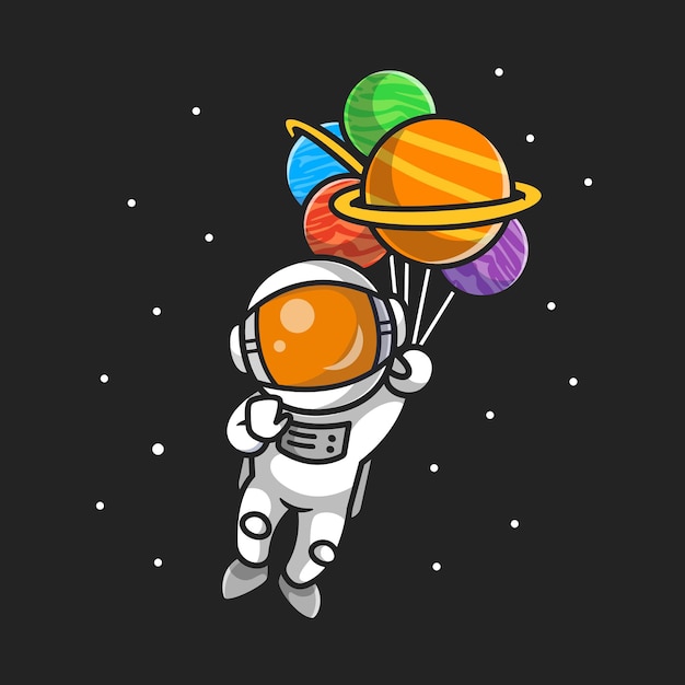 宇宙漫画で惑星の風船で飛んでいるかわいい宇宙飛行士 無料のベクター