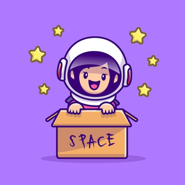 ボックス漫画イラストでかわいい宇宙飛行士の女の子 人の技術アイコンコンセプト 無料のベクター
