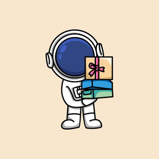 かわいい宇宙飛行士はギフトボックスの漫画イラストを保持します プレミアムベクター