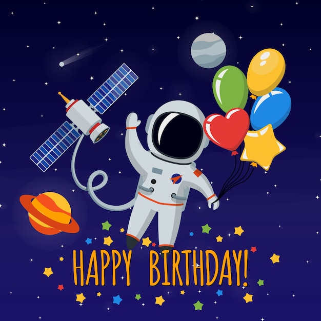宇宙空間でかわいい宇宙飛行士 お誕生日おめでとうございます ベクトルイラストの背景 無料のベクター