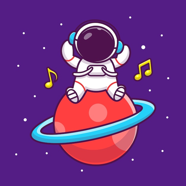 かわいい宇宙飛行士が惑星漫画アイコンイラストで音楽を聴く 人科学空間アイコンコンセプト分離プレミアム フラット漫画スタイル プレミアムベクター
